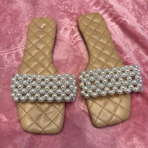 Women's Tan Pearl Embellished Slides